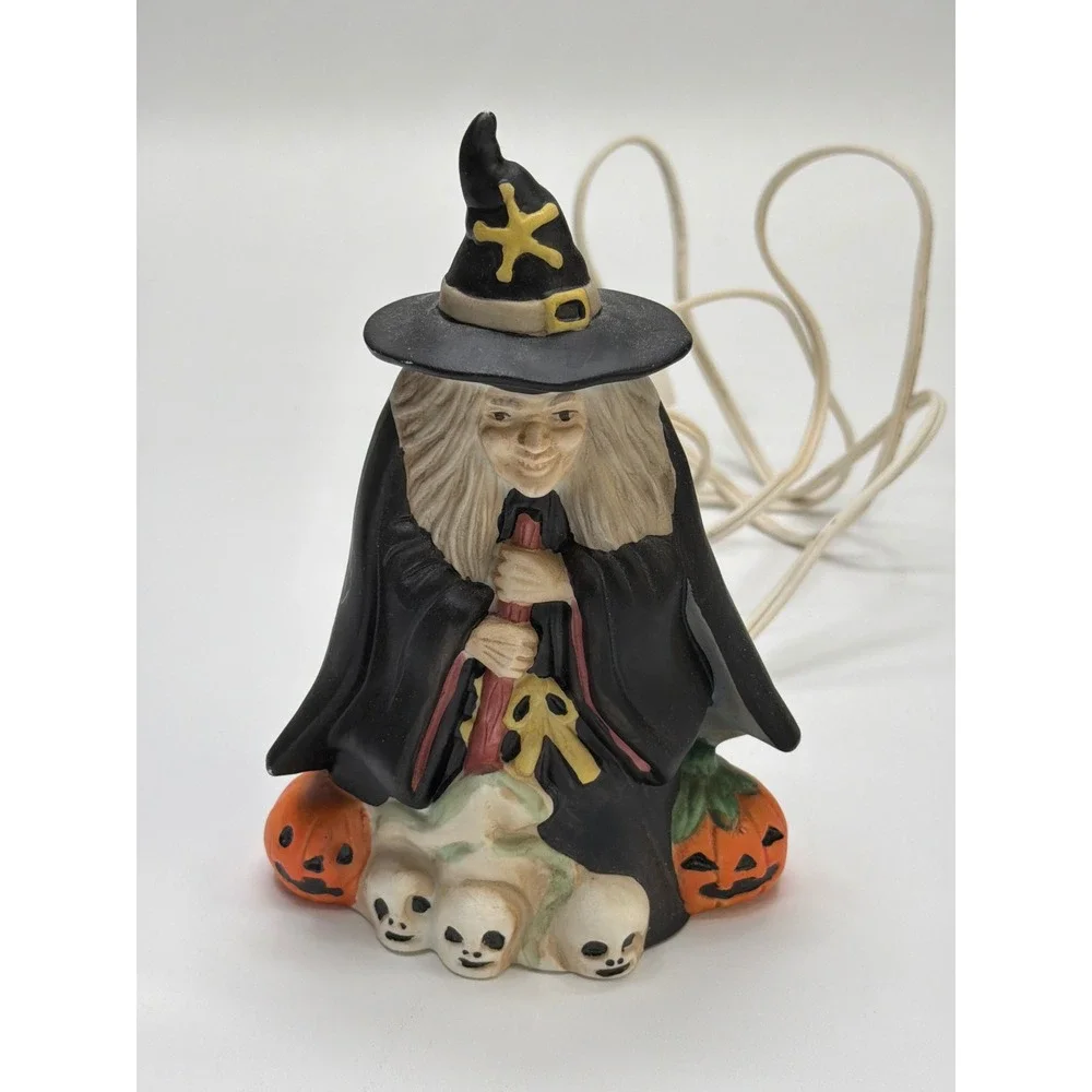 Halloween Porcelain Witch Night Light with Pumpkins and Skulls‎ Cord and Bulb